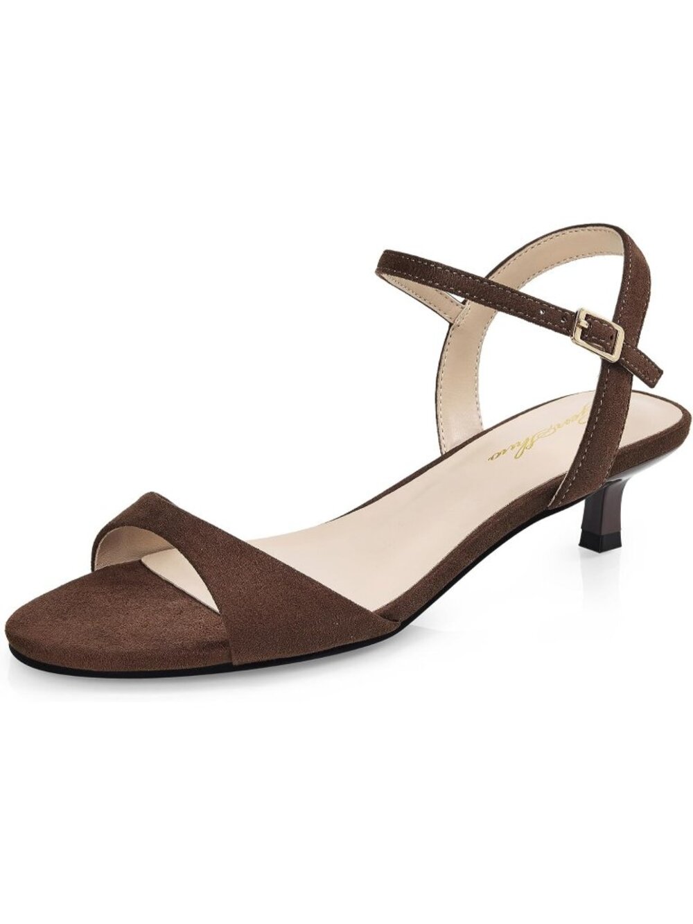 Women's Coffee Suede Round Open Toe 1.5 Inch Low Heels Ankle Strap Heel Sandals